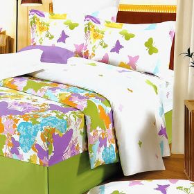 Blancho Bedding - [Green Purple Butterflies] 100% Cotton 4PC Comforter Set (Twin Size)