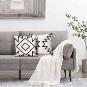 17 x 17 Inch 2 Piece Square Cotton Accent Throw Pillow Set with Modern Geometric Aztec Design Embroidery; White; Gray; DunaWest